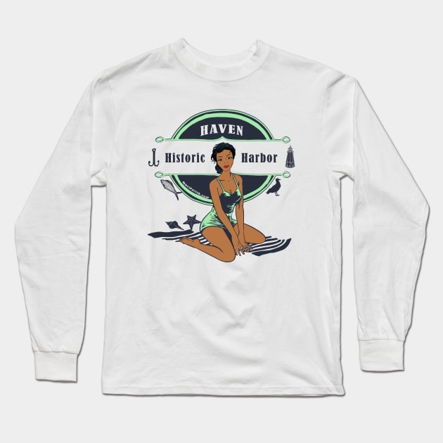 Historic Harbor Pin Up Black Woman Long Sleeve T-Shirt by quelparish